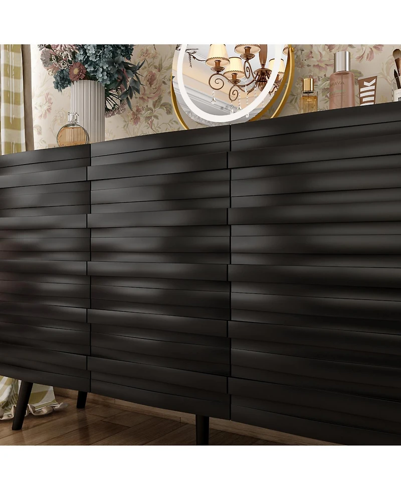 Nightstand with three cabinet doors, Side table with embossed pattern, wood end table, Bedside table for bedrooms, living rooms, offices