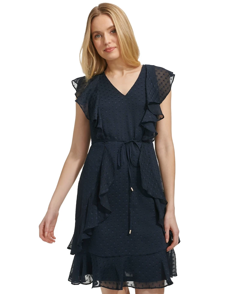 Tommy Hilfiger Women's Ruffled Clip-Dot Chiffon Dress