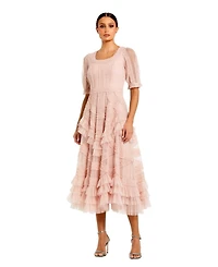 Mac Duggal Women's Short Sleeve Mesh Mirco Ruffle Midi Dress