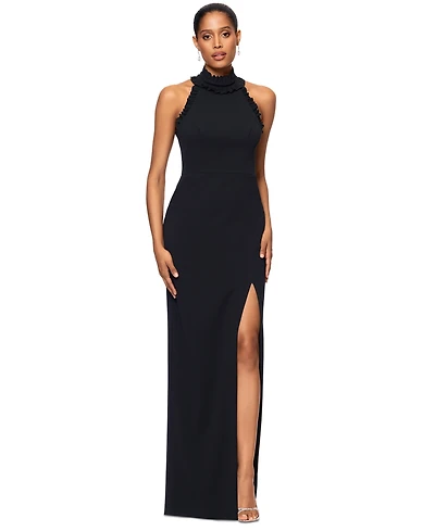 Xscape Petite Ruffled Halter Mock Neck Cutout-Back Gown