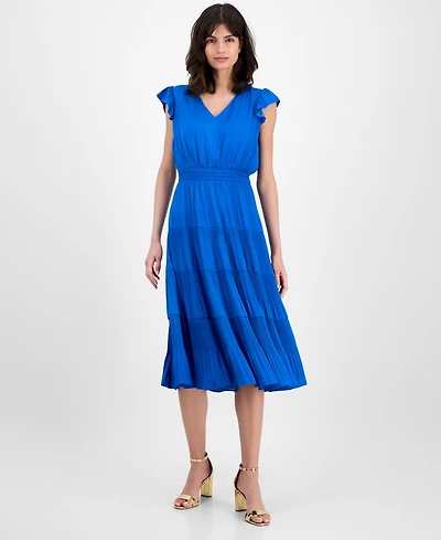 T Tahari Women's Tiered V-Neck Flutter-Sleeve Midi Dress