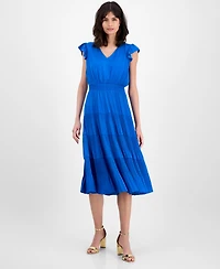 T Tahari Women's Tiered V-Neck Flutter-Sleeve Midi Dress