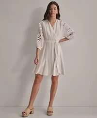 Dkny Women's V-neck Embroidered-trim Belted Dress