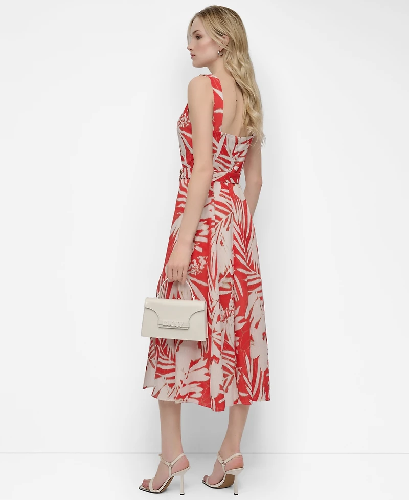Dkny Women's Printed V-neck Belted Sleeveless Dress