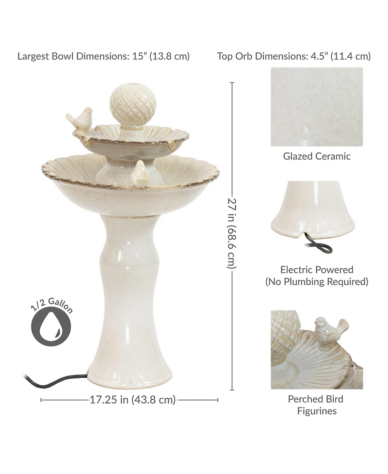 27"H Electric Ceramic 2-Tier Resting Birds Outdoor Water Fountain