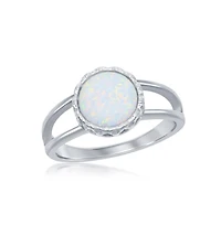 Sterling Silver Round White Inlay Synthetic Opal Open Band Ring