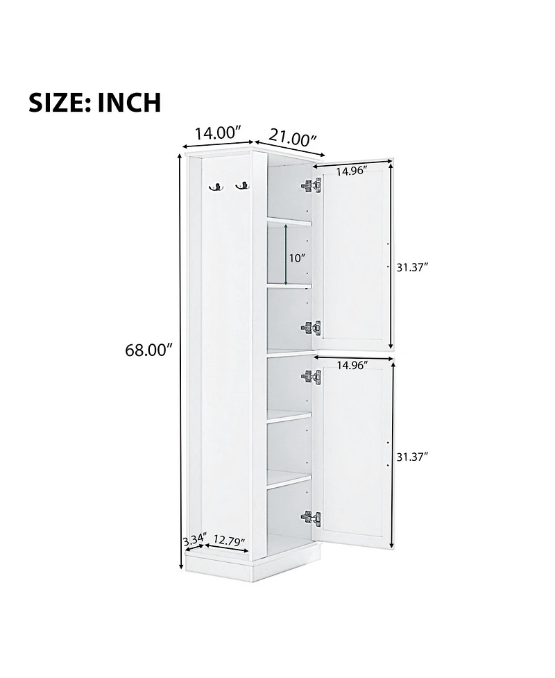 Tall Bathroom Storage Cabinet, Freestanding Storage Cabinet with Hook and Adjustable Shelf, Mdf Board, White