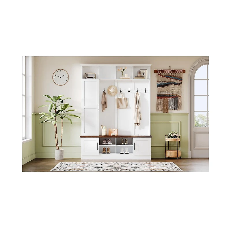 3-in-1 Hall Tree and Bench with 6 Hooks and Shelves
