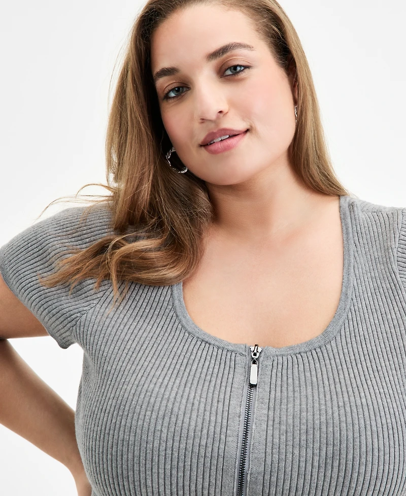 Bar Iii Trendy Plus Ribbed Zip-Front Sweater, Exclusively at Macy's