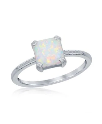 Sterling Silver Square White Synthetic Opal Beaded Band Ring