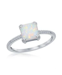 Sterling Silver Square White Synthetic Opal Beaded Band Ring