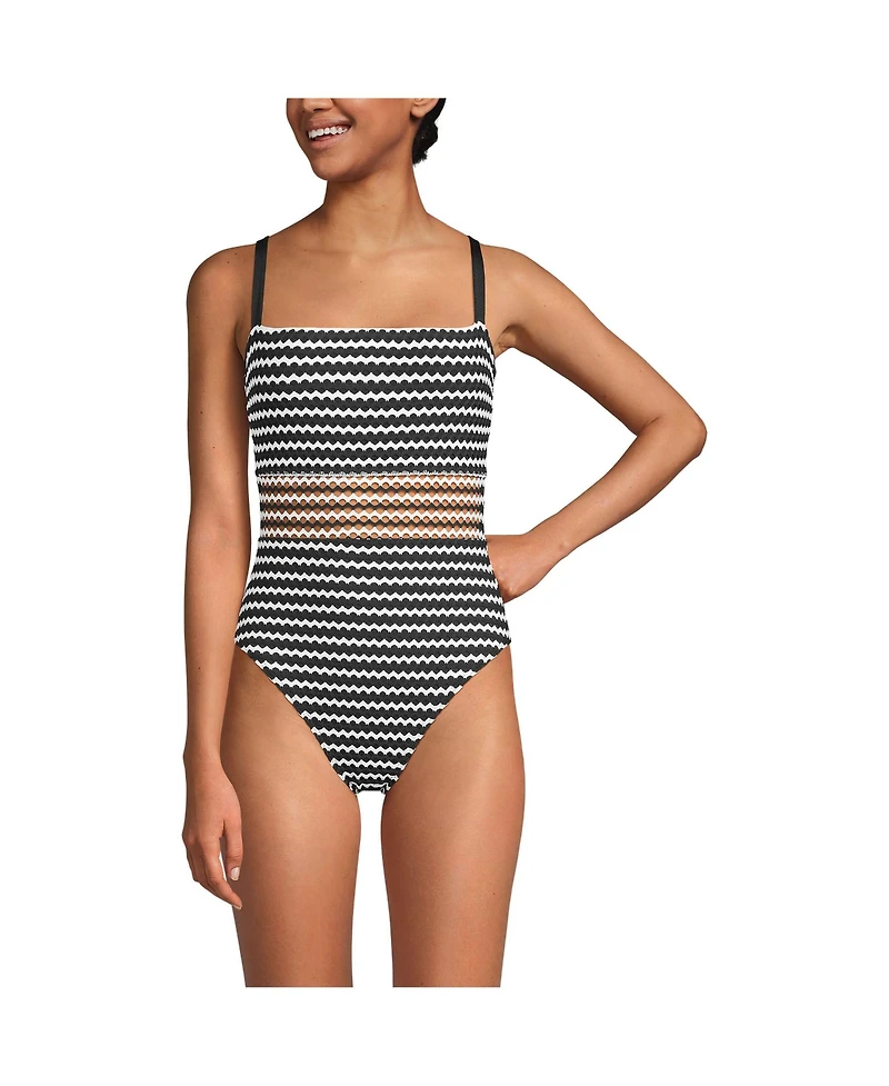 Lands' End Women's Crochet Square Neck High Leg One Piece Swimsuit