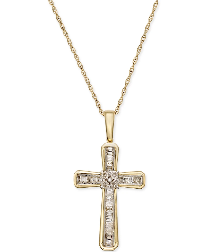 Diamond Baguette Cross Adjustable Pendant Necklace (1/5 ct. t.w) 10k White or Yellow Gold