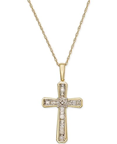 Diamond Baguette Cross Adjustable Pendant Necklace (1/5 ct. t.w) 10k White or Yellow Gold