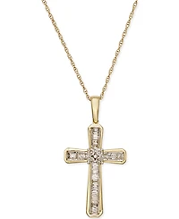 Diamond Baguette Cross Adjustable Pendant Necklace (1/5 ct. t.w) 10k White or Yellow Gold
