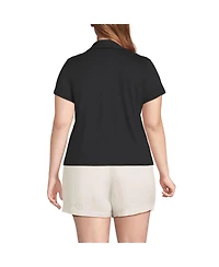 Lands' End Women's Plus Linen Blend Short Sleeve Button Front Polo Top