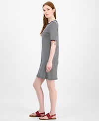 Tommy Hilfiger Women's Striped Cotton Boat-Neck Tie-Sleeve Dress