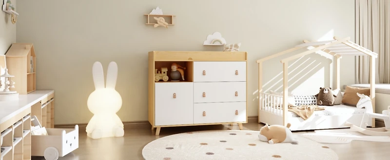 Diaper table with three drawers, baby changing station with multiple storage compartments, natural wood