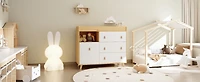 Diaper table with three drawers, baby changing station with multiple storage compartments, natural wood