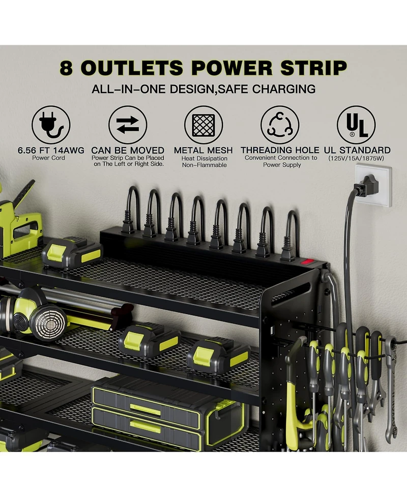 Hausource 4-Tier Power Tool Organizer Wall Mount Tool Storage Workbench W/8 Drill Holder Utility Shelving,Black
