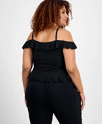 Bar Iii Trendy Plus Ruffled Cold-Shoulder Mesh Top, Exclusively at Macy's