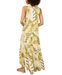 Vince Camuto Women's Tropical-Print Split-Neck Tiered Ruffled Dress