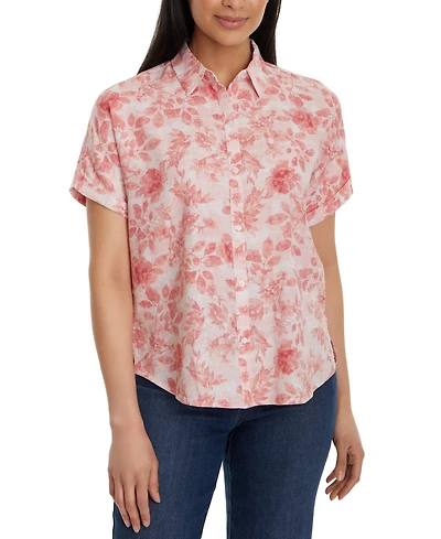 Gloria Vanderbilt Women's Daisy Printed Short-Sleeve Shirt - Guava Ice