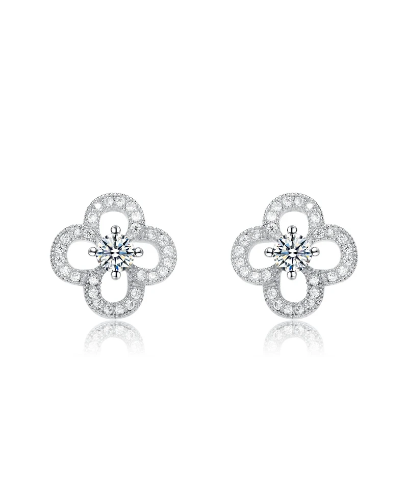 Elegant White Gold Plated with Clear Cubic Zirconia Flower Shaped Stud Earrings