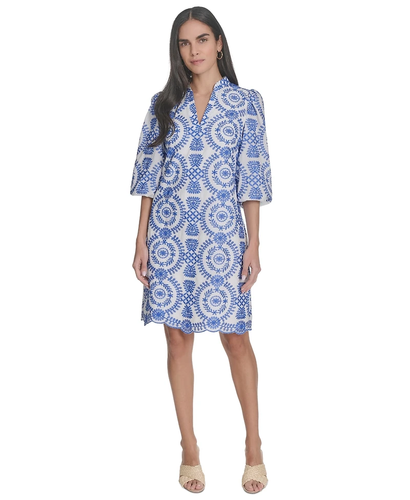 Jessica Howard Petite Printed 3/4-Sleeve Collared A-Line Dress