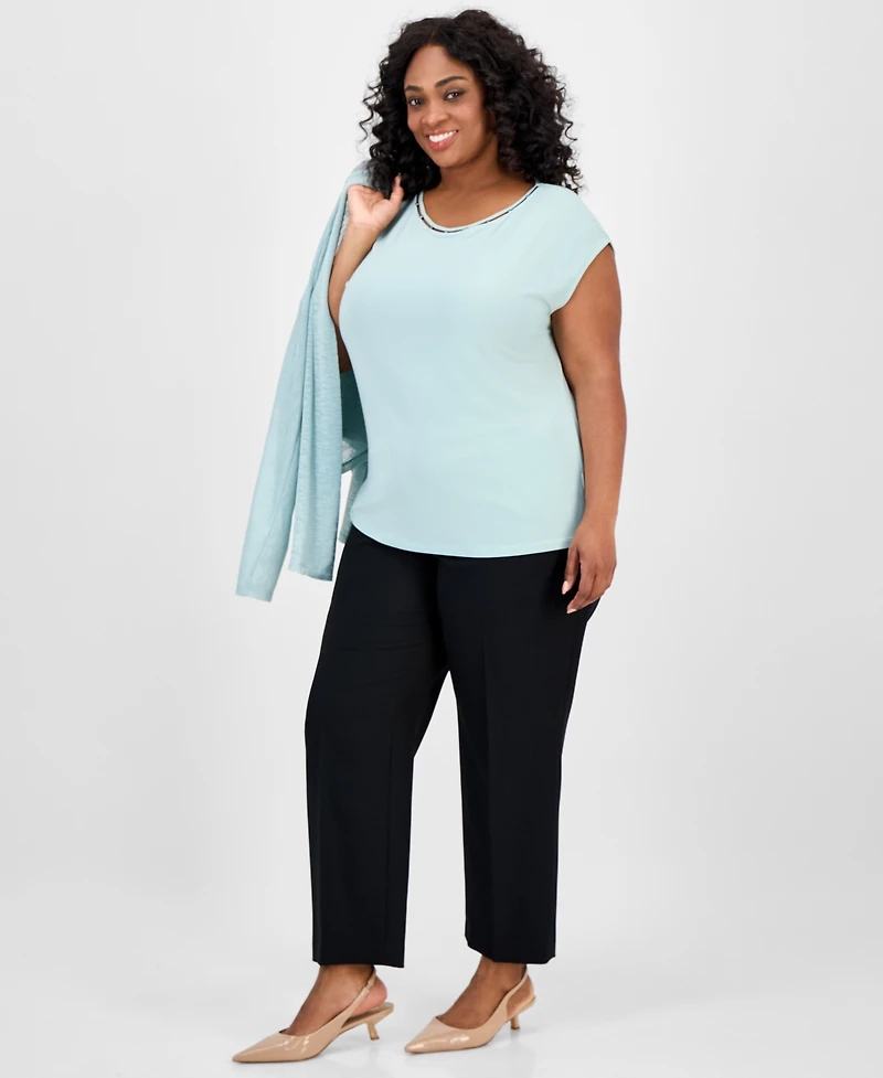 Kasper Plus Beaded-Neckline Short-Sleeve Top