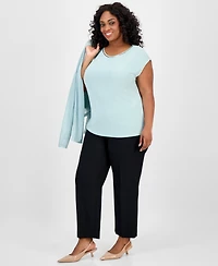 Kasper Plus Beaded-Neckline Short-Sleeve Top