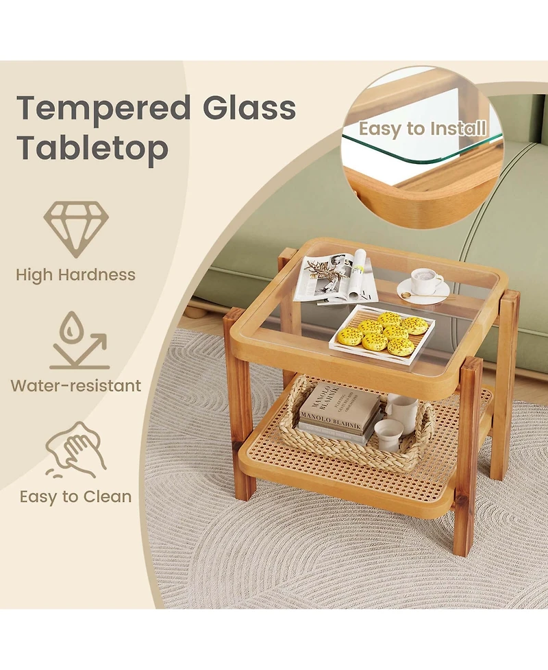 Pcs End Table with Tempered Glass Top Acacia Wood Legs Rattan Storage Shelf