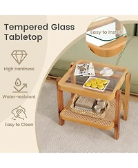 Pcs End Table with Tempered Glass Top Acacia Wood Legs Rattan Storage Shelf