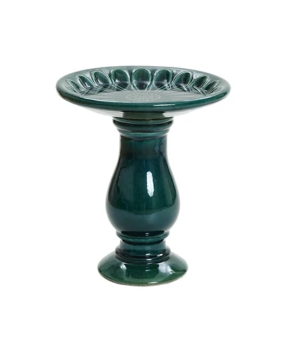 LuxenHome Dark Green Flower 21.65-Inch Tall Ceramic Birdbath