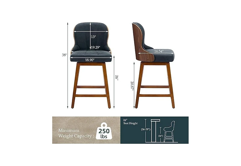 Dyhome 26 Inch Counter Height Bar Stools Set of 3, Swivel Pu Leather Bar Stools with Wood Backs, Bar Height Stools for Kitchen Island, Dining Room
