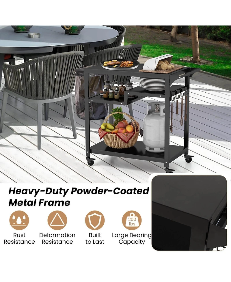 Rolling Grill Cart 3-Shelf Bbq Cart with Hooks and Side Handle