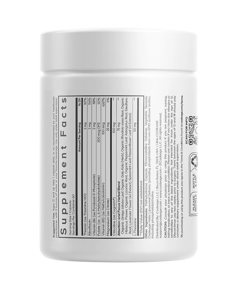 Codeage Teen Brain Focus Vitamins+ Citicoline Cognizin, L-Theanine, Ginkgo, Rhodiola, Lavender, Magnesium, Vitamin B6, B12, Folate - 2-Month Supply