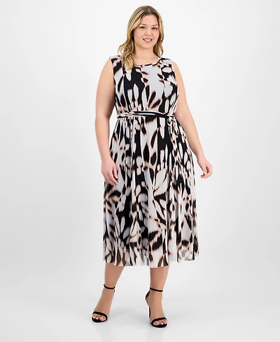 Sandra Darren Plus Belted Printed Sleeveless Midi Dress