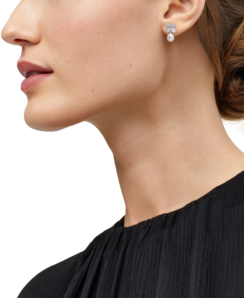 Grown With Love Cultured Freshwater Oval Pearl (6 - 6-1/2mm) & Lab Grown Diamond (1/2 ct. t.w.) Floral Drop Earrings in 14k Gold