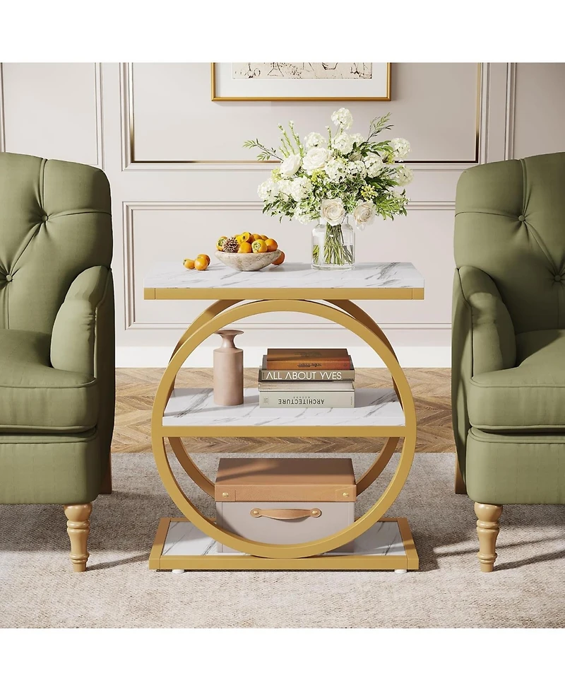 Tribesigns End Table Set of 2, Narrow End Table with 3 Storage Shelves, Wooden Side Table with Metal Frame, Small Sofa Side Table for Living Room,Nigh