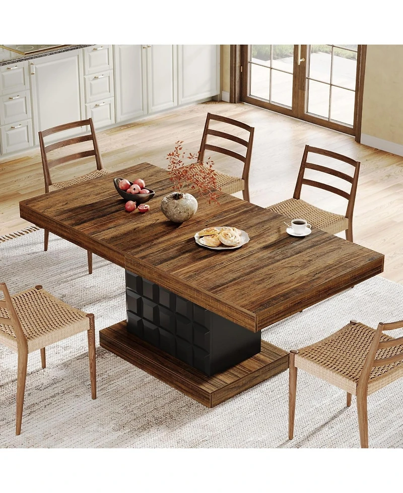 Tribesigns 63'' Dining Table for 4-6, Farmhouse Wooden Rectangular Dinner Table with Geometric Relief, Pedestal Base