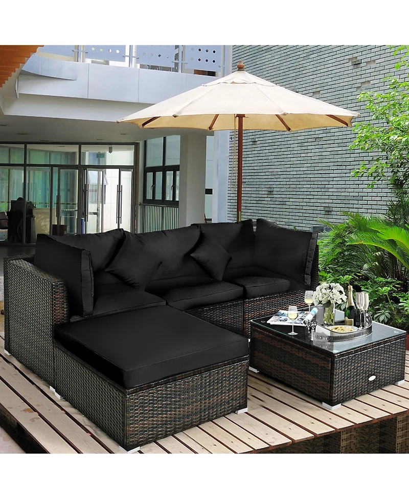 Gymax 5PCS Rattan Patio Conversation Set Outdoor Furniture Set w/ Ottoman Black Cushion