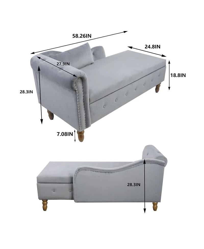 Velvet Upholstered Chaise Lounge with Storage and Pillow, Tufted Rolled Arm Chair Nailhead Trim for Living Room or Bedroom-The Pop Home