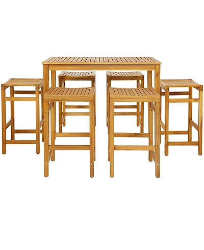 7 Pcs Acacia Wood Bar Table Set 45" Rectangular Dining Table & 6 Saddle Stools
