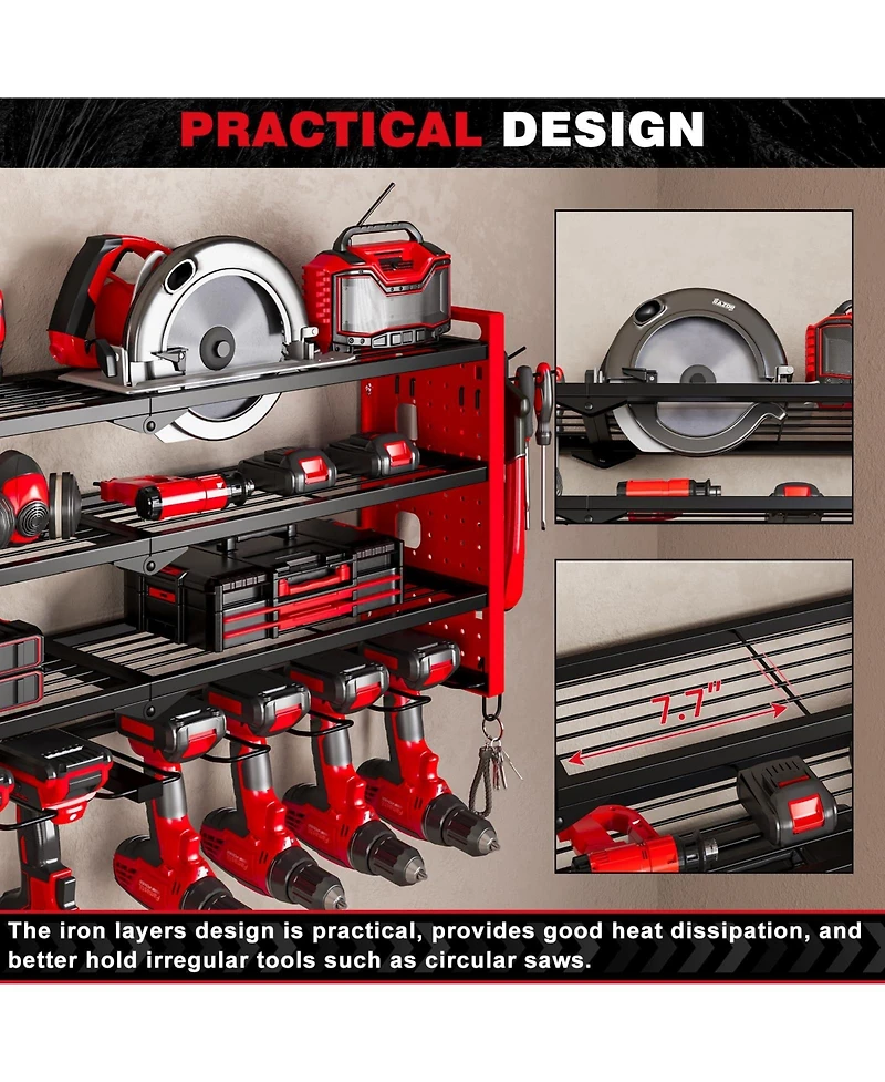 Hausource 4 Tier Power Tool Organizer Shelving Wall Mount Utility Storage Rack，Red