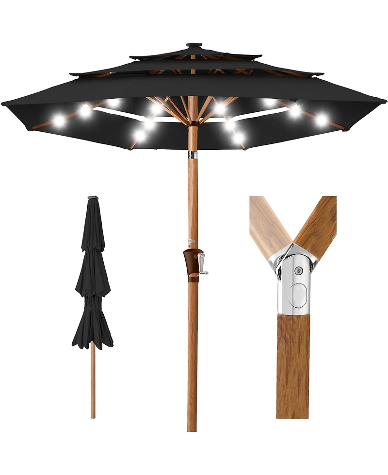 Best Choice Products Woodgrain Pattern 10ft 3-Tier Solar Patio Umbrella w/ 24 Led Lights