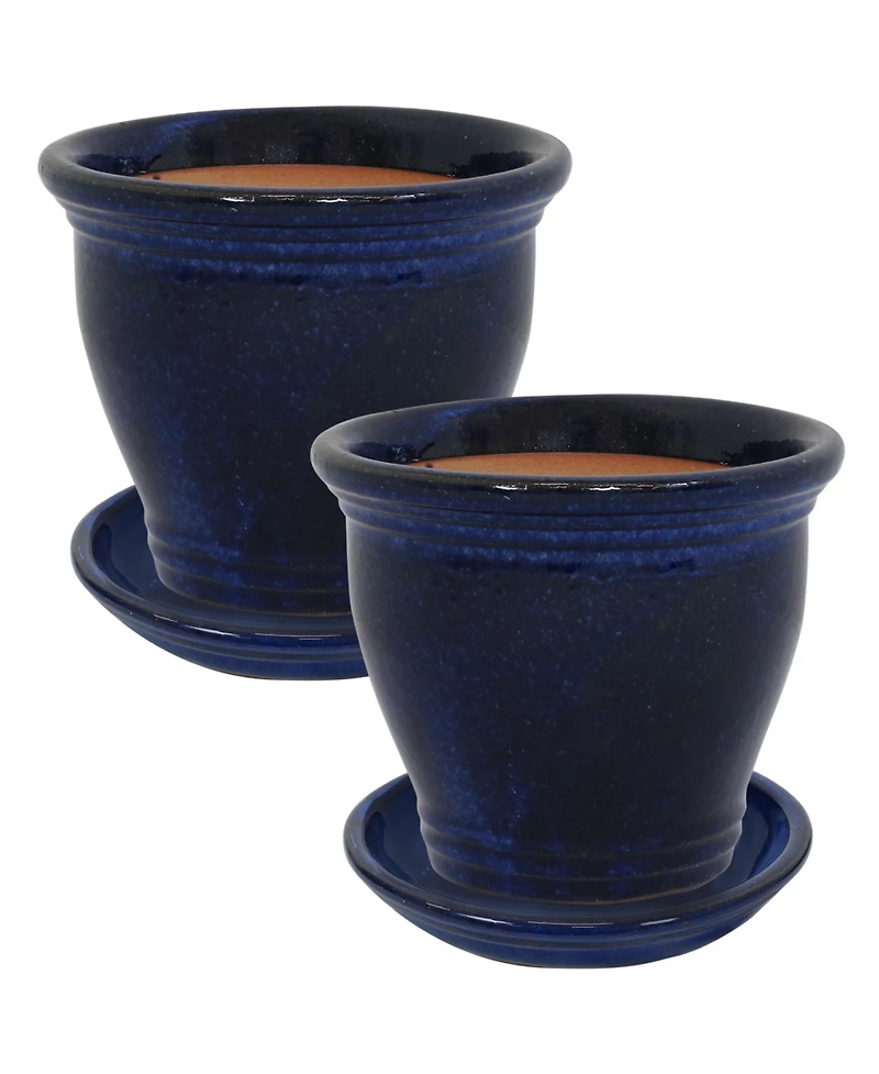 Studio Uv- and Frost-Resistant Ceramic Planters with Drainage Holes and Saucers - 11" Diameter - Imperial Blue - 2-Pack