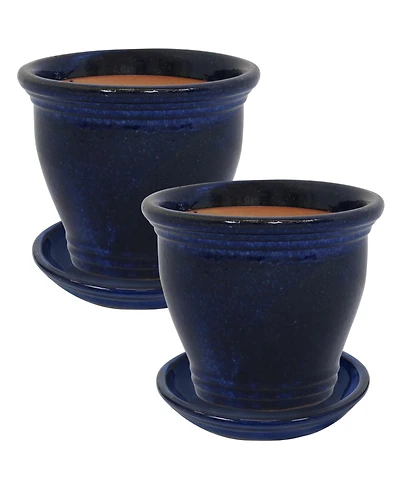 Studio Uv- and Frost-Resistant Ceramic Planters with Drainage Holes and Saucers - 11" Diameter - Imperial Blue - 2-Pack