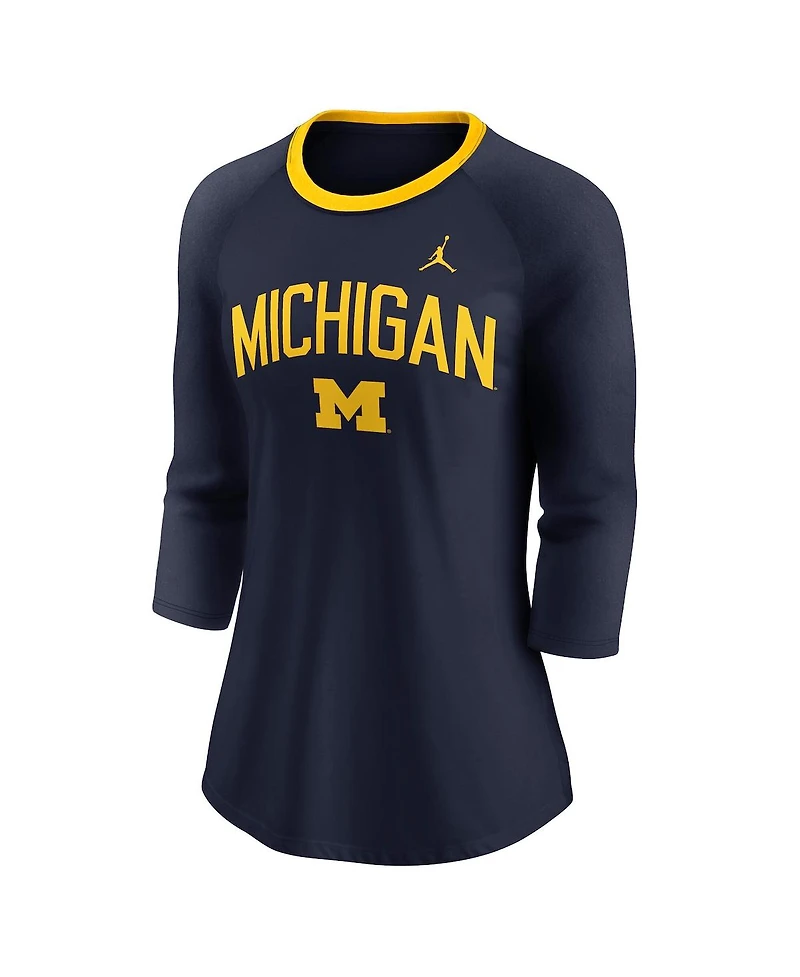Jordan Women's Navy Michigan Wolverines Tri-Blend Raglan 3/4 Sleeve Top