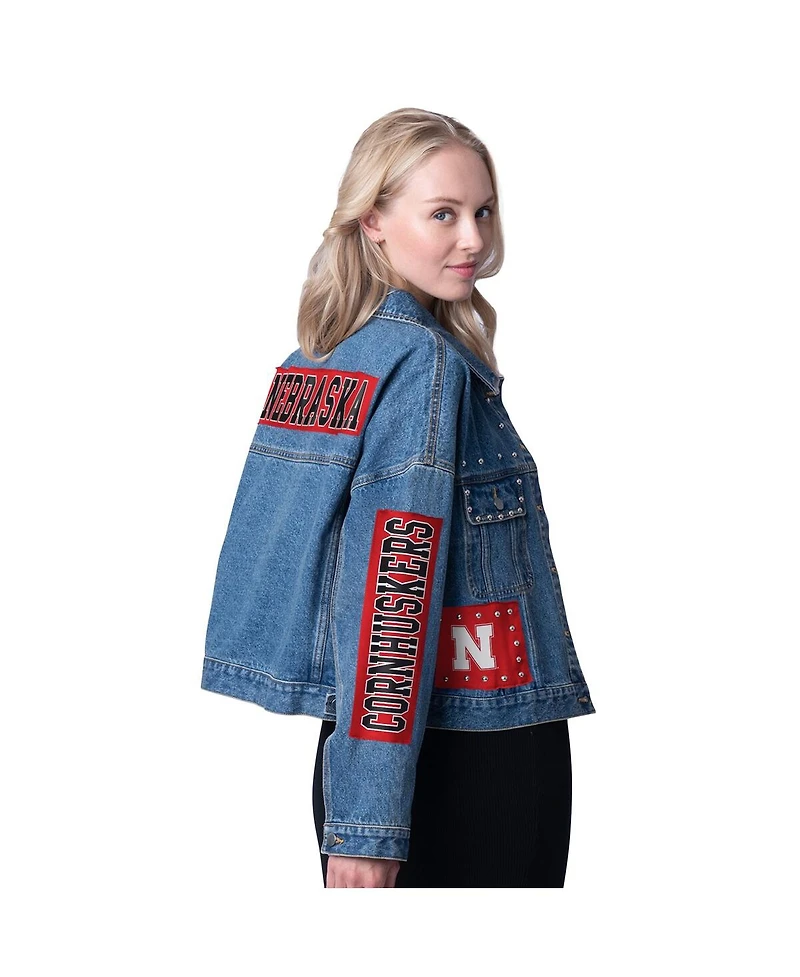 G-iii 4Her by Carl Banks Women's Denim Nebraska Huskers Game Ball Patches and Studs Full-Button Jacket